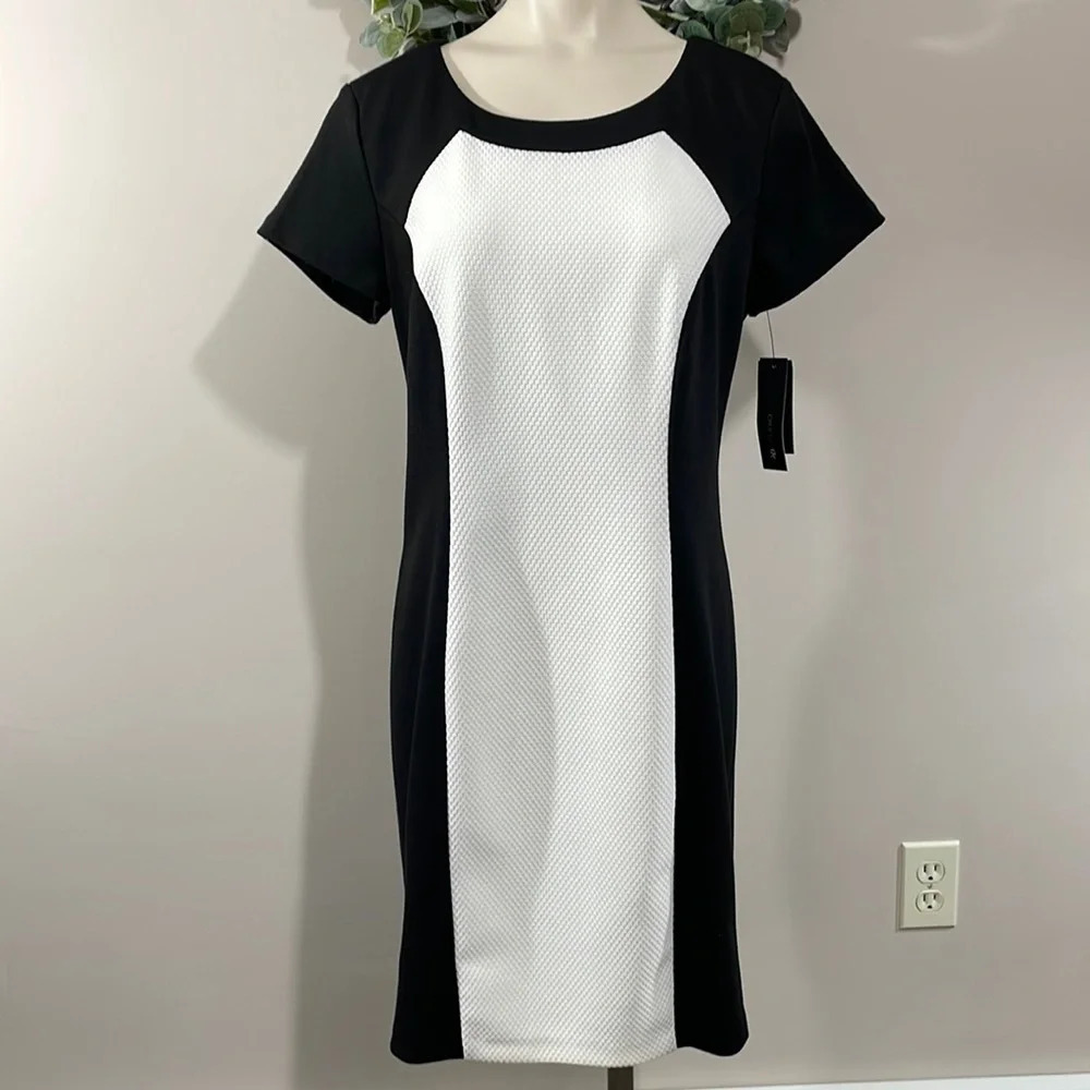 NWT AB Studio Stretch Sheath Dress Black White Block Party Dress 8